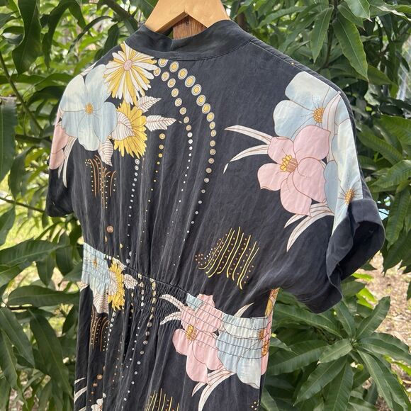 Yumi Kim Black 100% Silk Babydoll Tunic Dress Small Floral V-Neck Short Sleeve - Picture 7 of 13